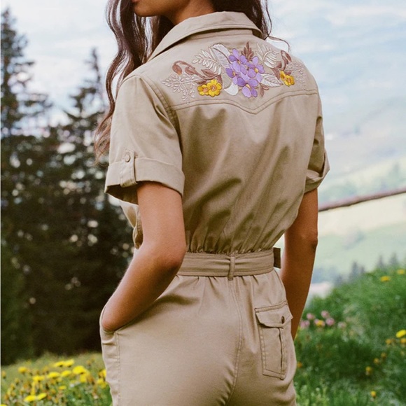 Spell Foxglove Embroidered Boiler Suit in Khaki - Picture 2 of 11